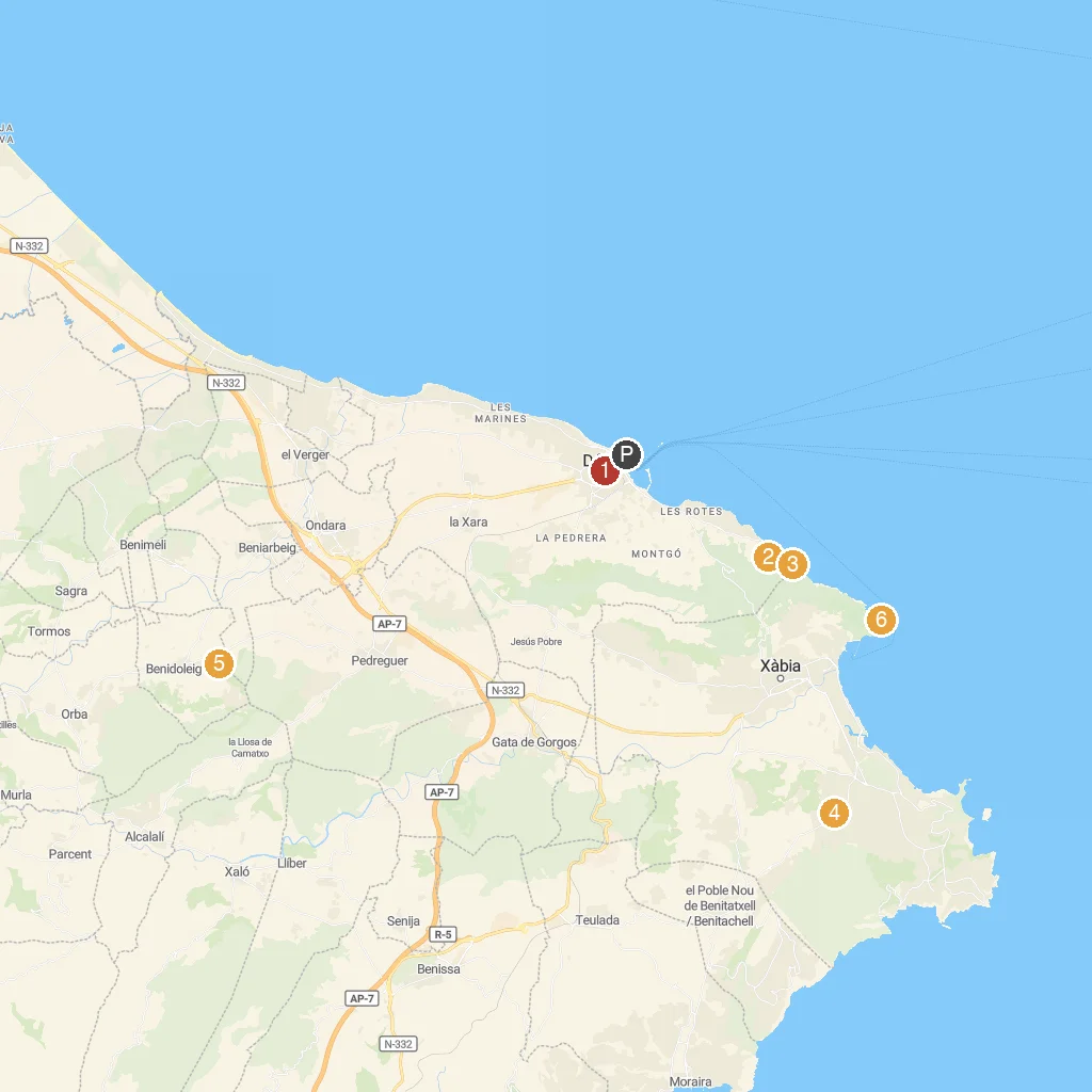 Dénia, Alicante, Spain map with numbered points of interest