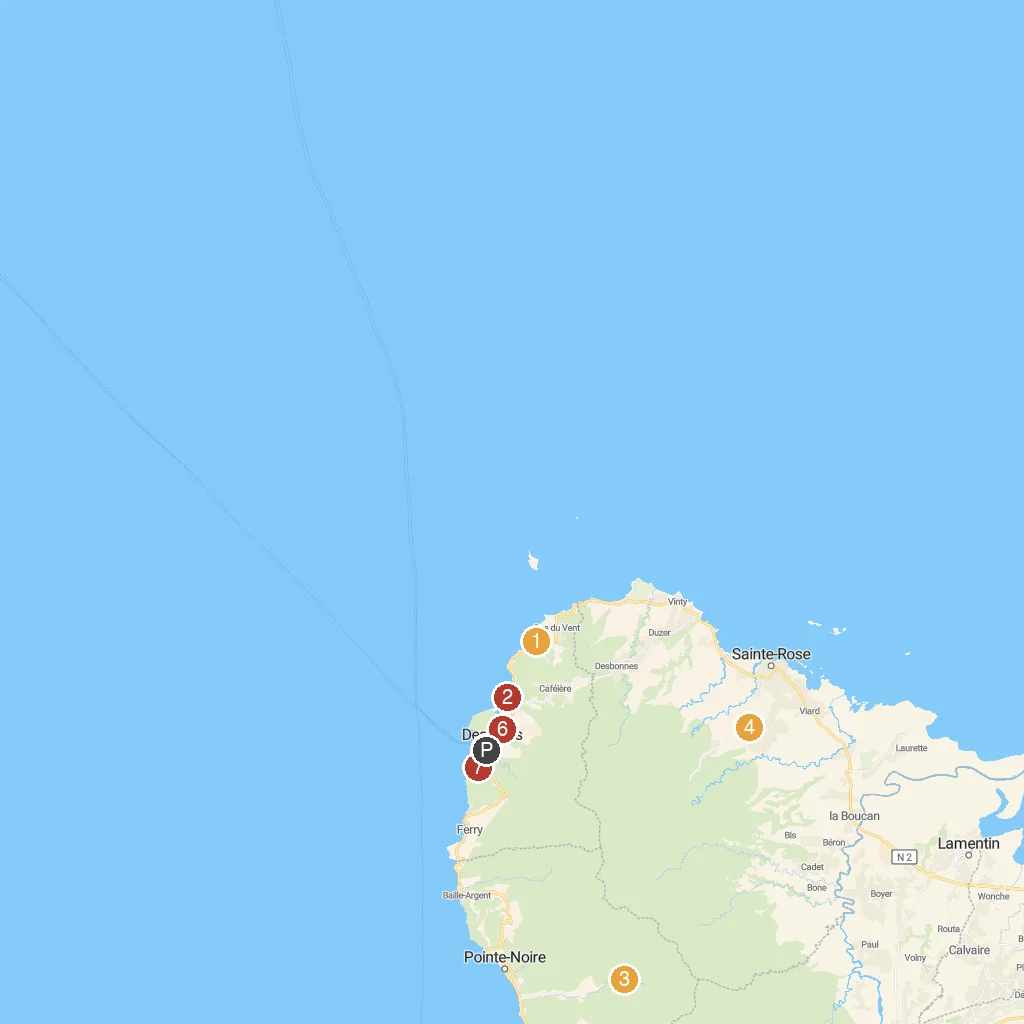 Deshaies, Guadeloupe, French Caribbean map with numbered points of interest