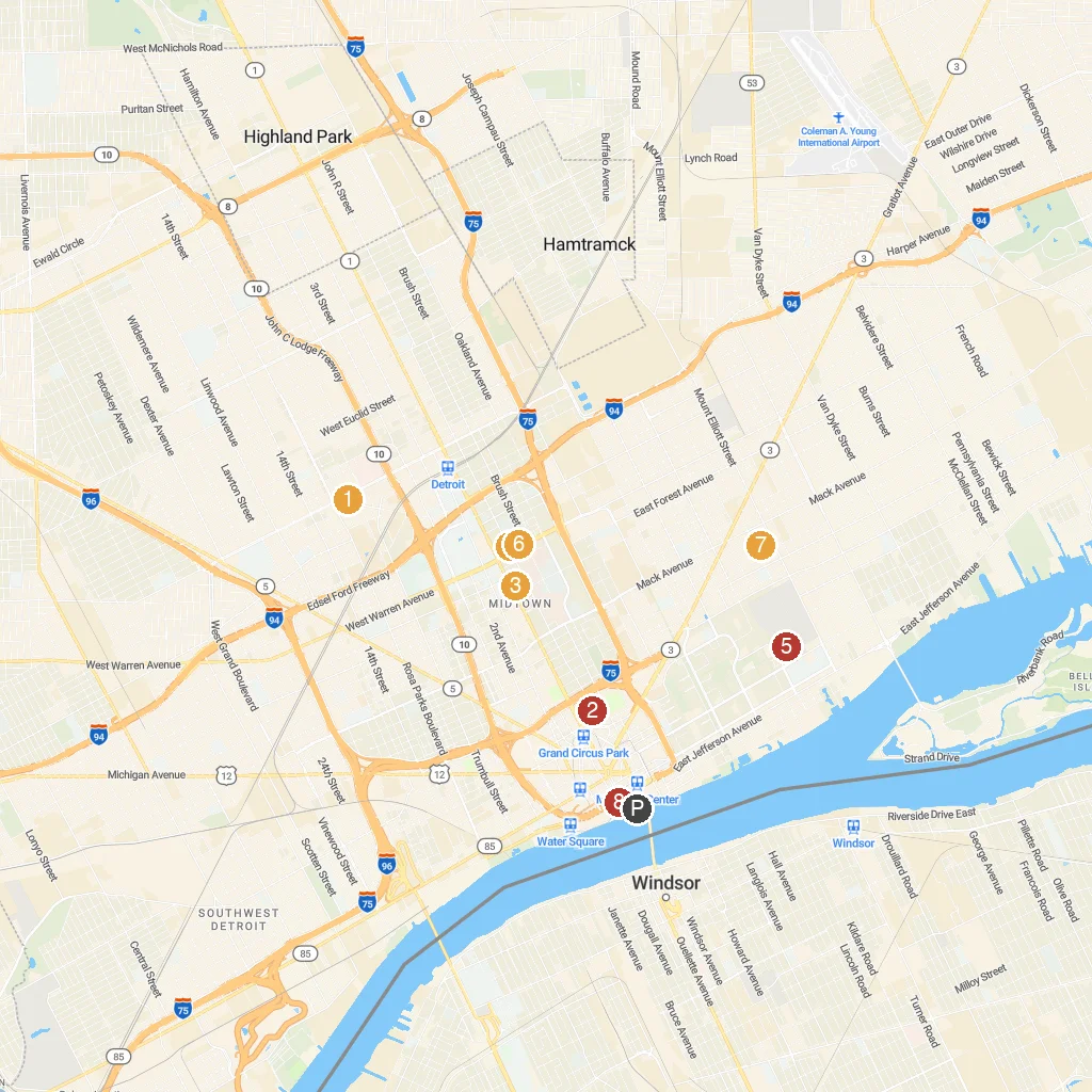 Detroit, Michigan, USA map with numbered points of interest