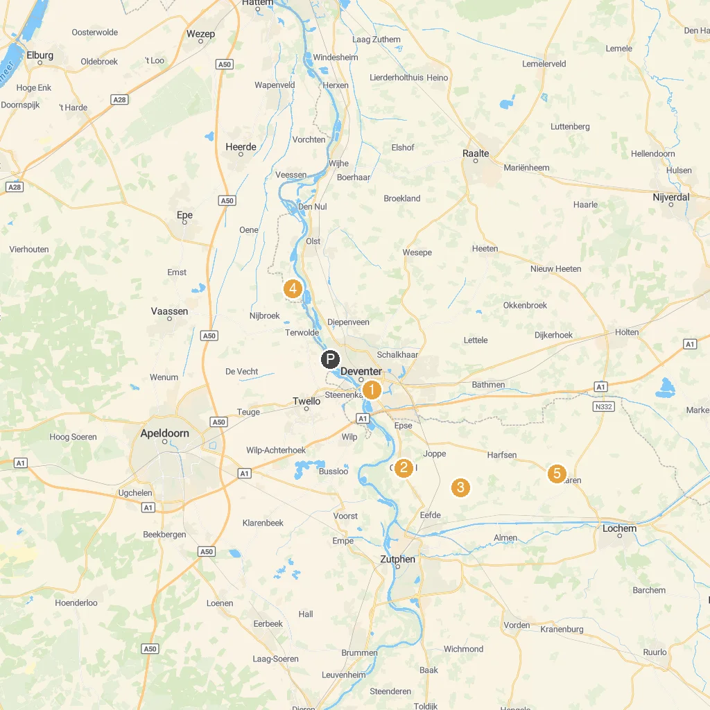 Deventer, Overijssel, Netherlands map with numbered points of interest