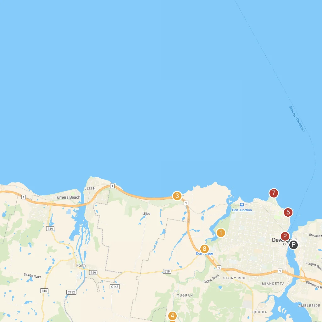 Devonport, Tasmania, Australia map with numbered points of interest