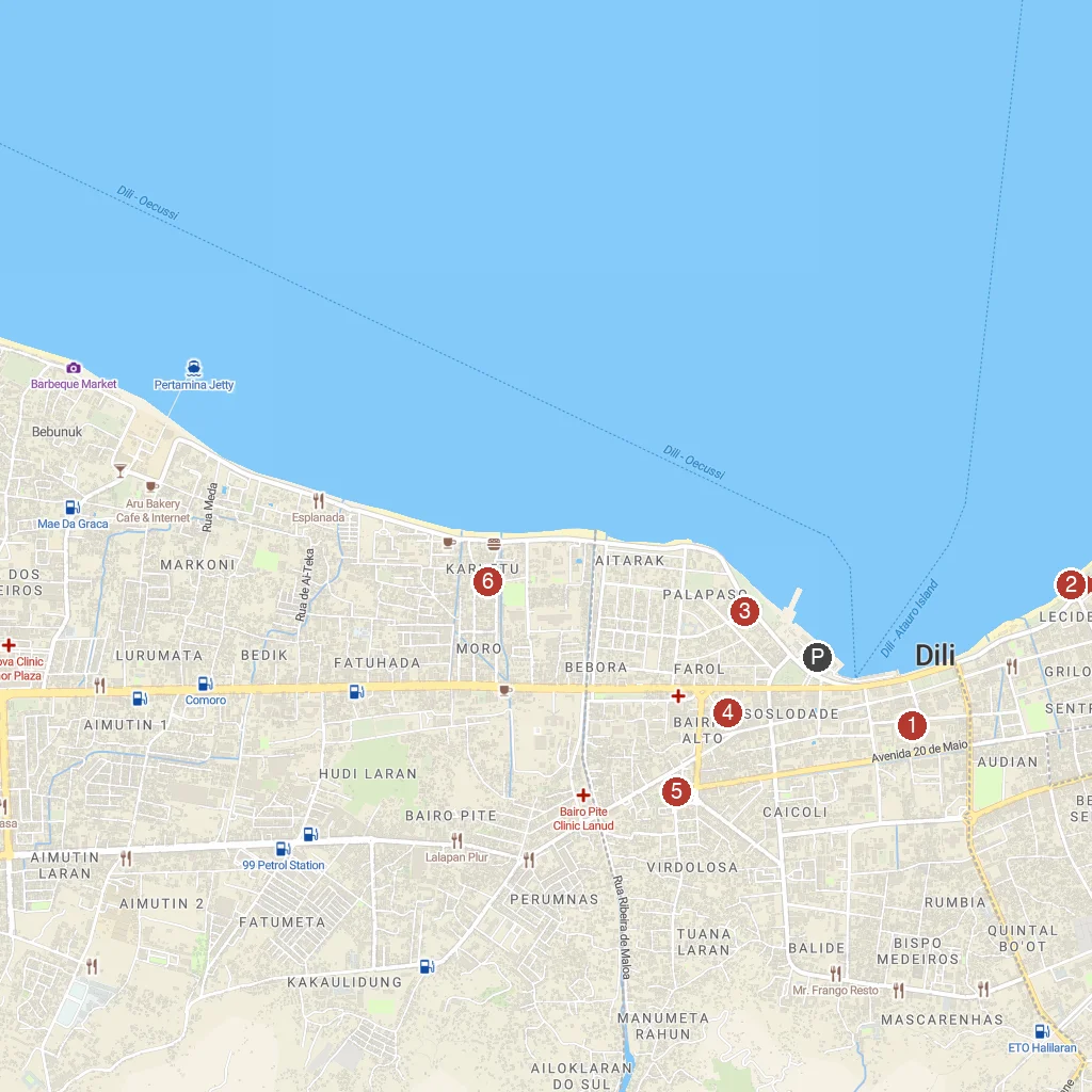 Dili, Timor-Leste map with numbered points of interest