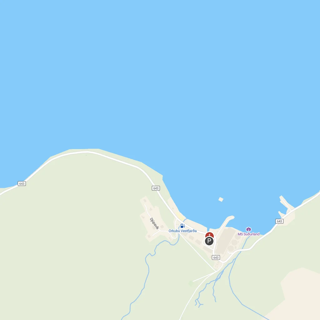 Djúpavík, Westfjords, Iceland map with numbered points of interest
