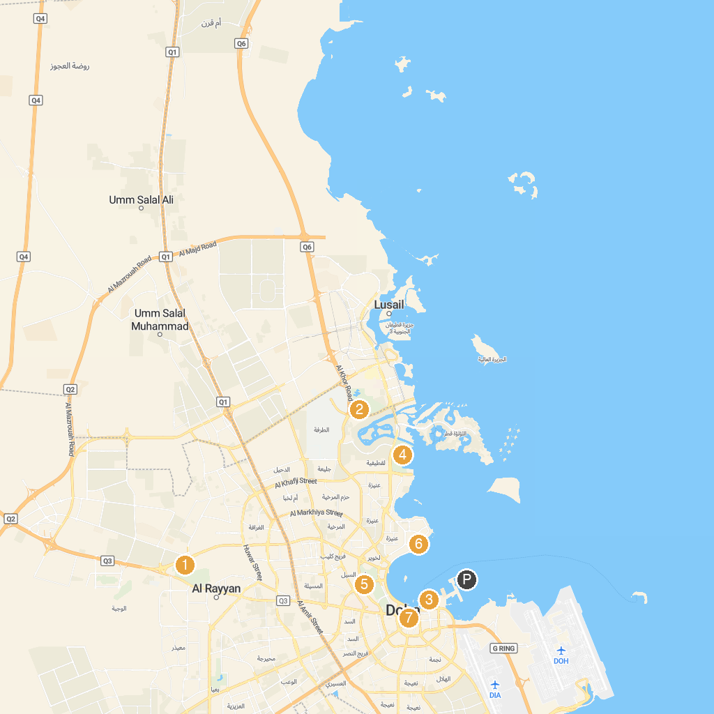 Doha, Qatar map with numbered points of interest