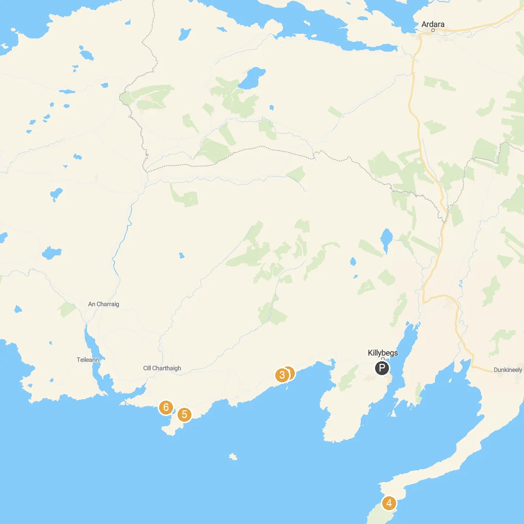 Killybegs, County Donegal, Ireland map with numbered points of interest