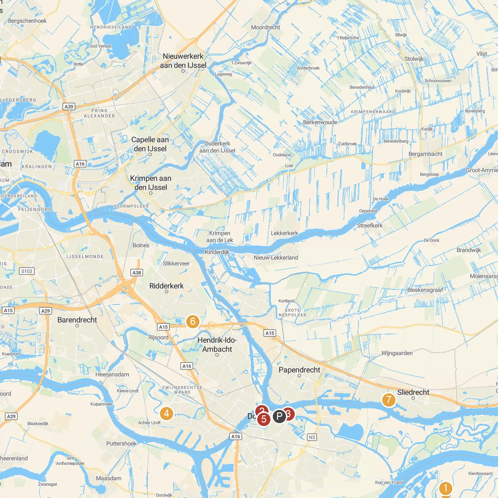 Dordrecht, South Holland, Netherlands map with numbered points of interest