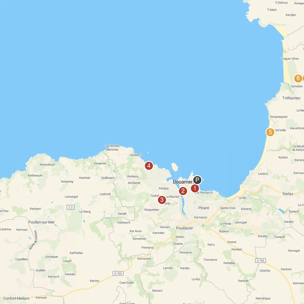 Douarnenez, Brittany, France map with numbered points of interest