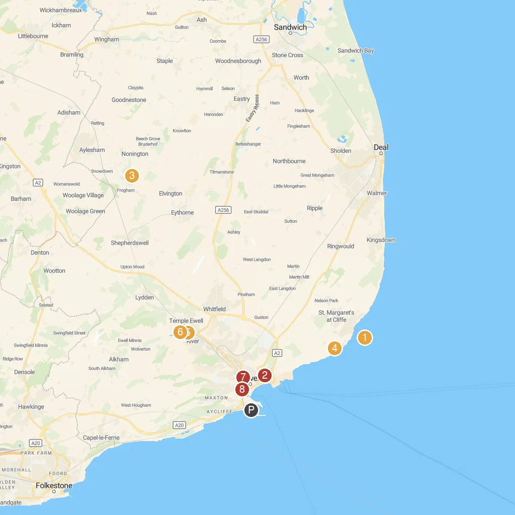 Dover, Kent, England map with numbered points of interest