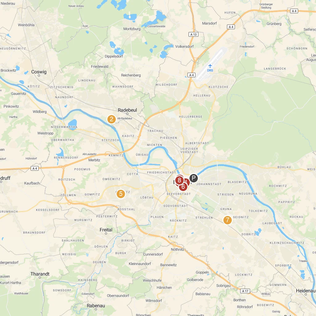 Dresden, Saxony, Germany map with numbered points of interest