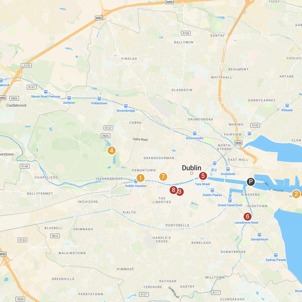 Dublin, Leinster, Ireland map with numbered points of interest