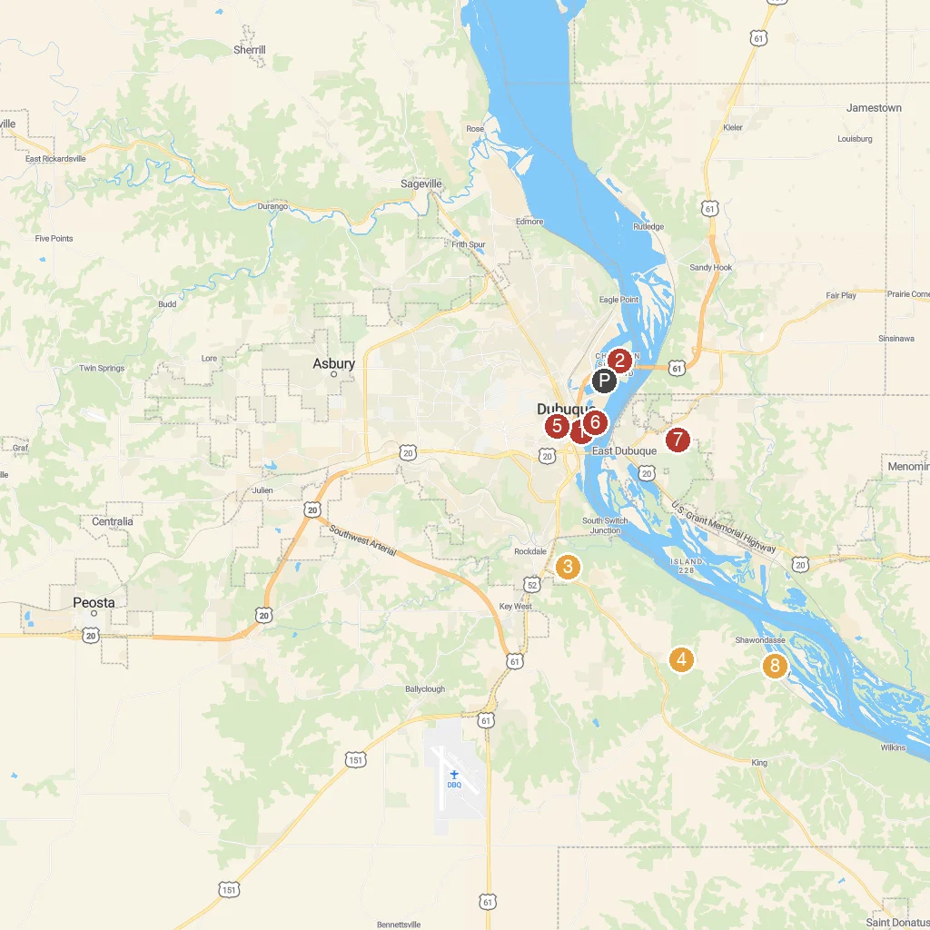 Dubuque, Iowa, USA map with numbered points of interest