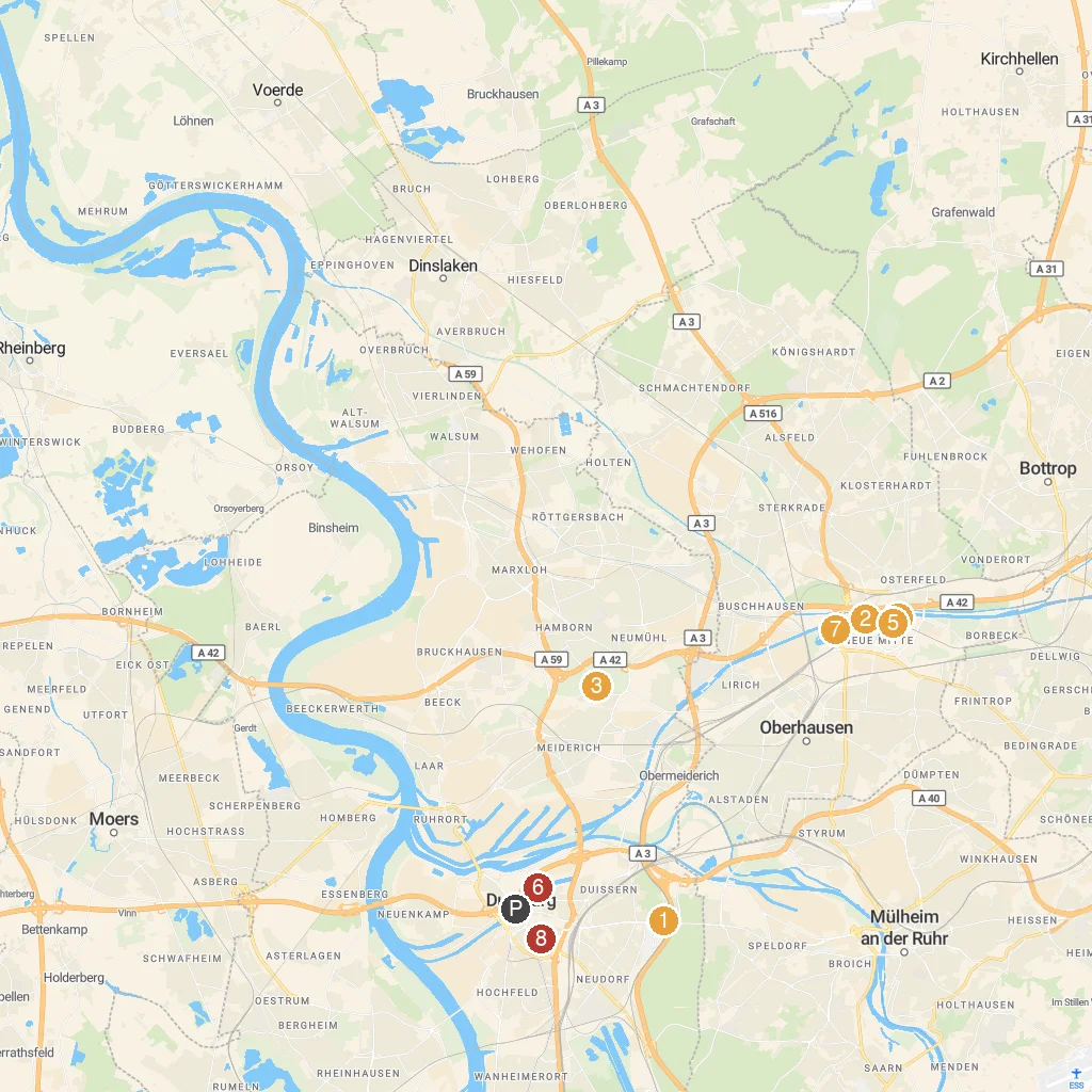 Duisburg, North Rhine-Westphalia, Germany map with numbered points of interest
