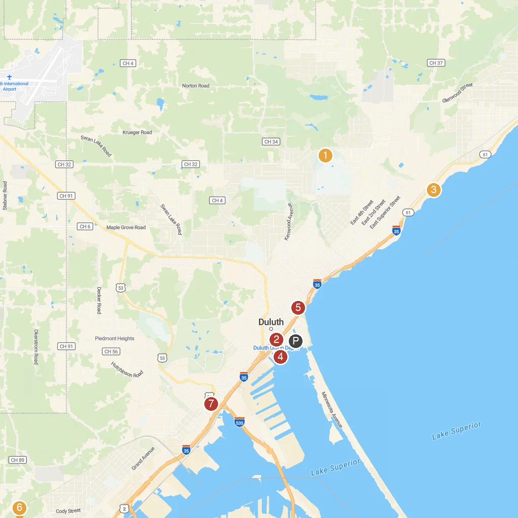 Duluth, Minnesota, USA map with numbered points of interest