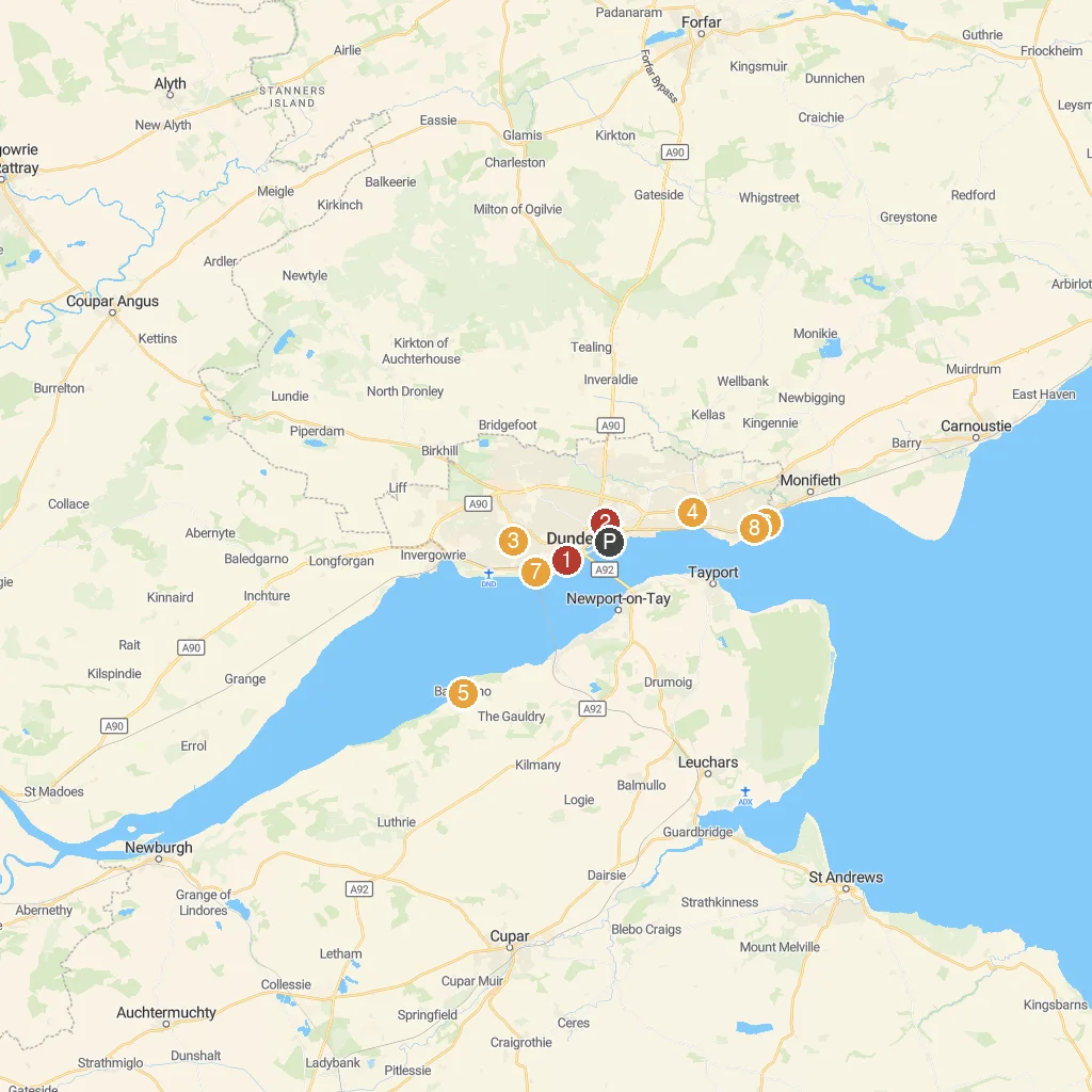 Dundee, Scotland, United Kingdom map with numbered points of interest