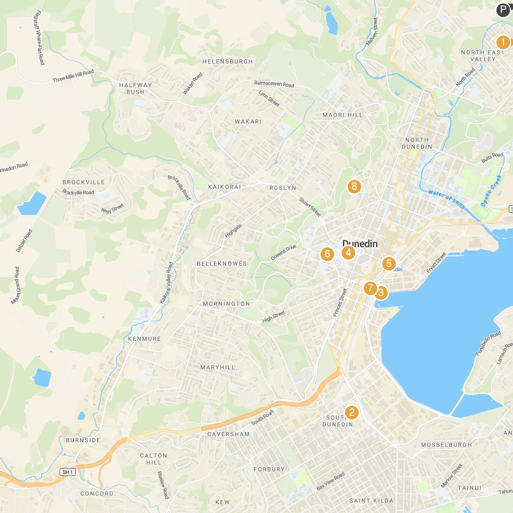 Dunedin, Otago, New Zealand map with numbered points of interest