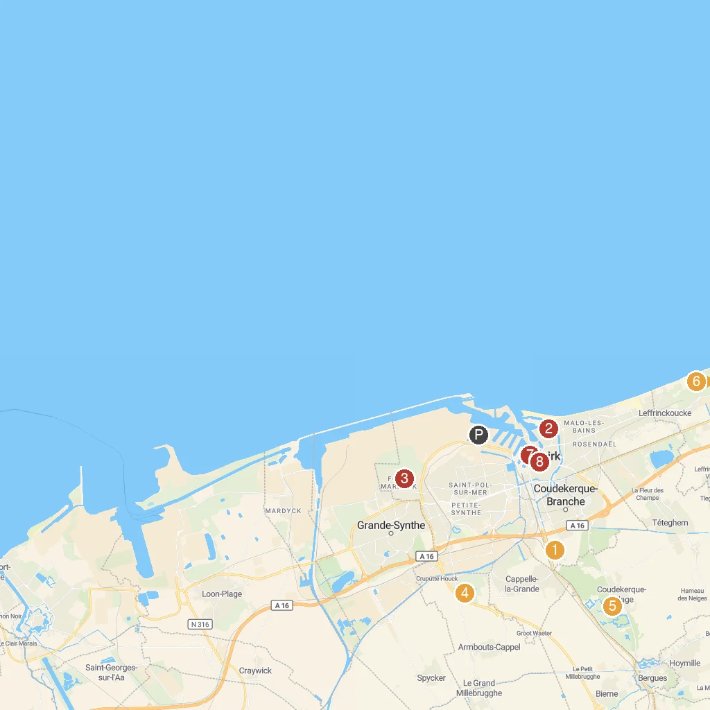 Dunkirk, Hauts-de-France, France map with numbered points of interest