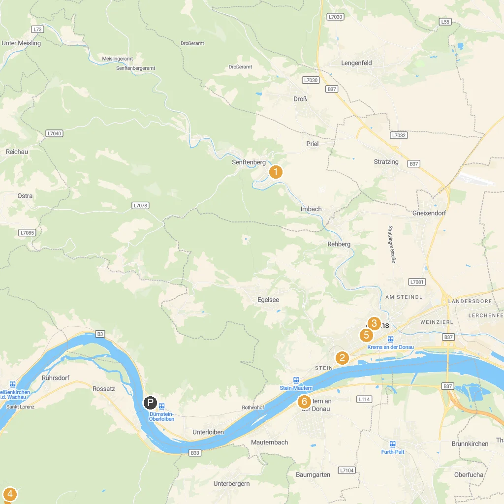 Dürnstein, Wachau Valley, Austria map with numbered points of interest