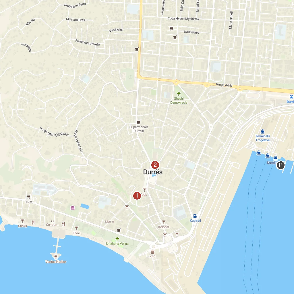 Durrës, Albania map with numbered points of interest