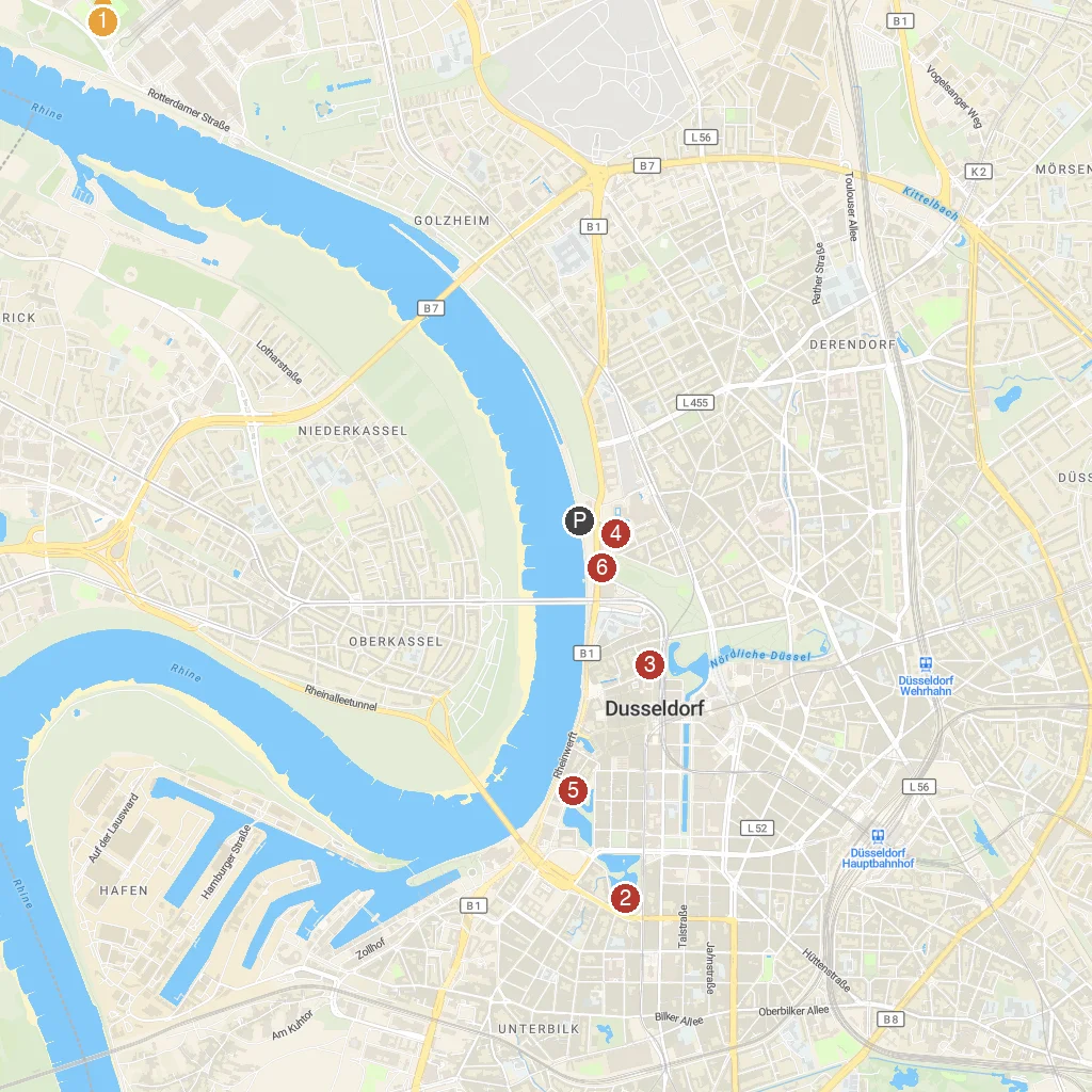 Düsseldorf, North Rhine-Westphalia, Germany map with numbered points of interest