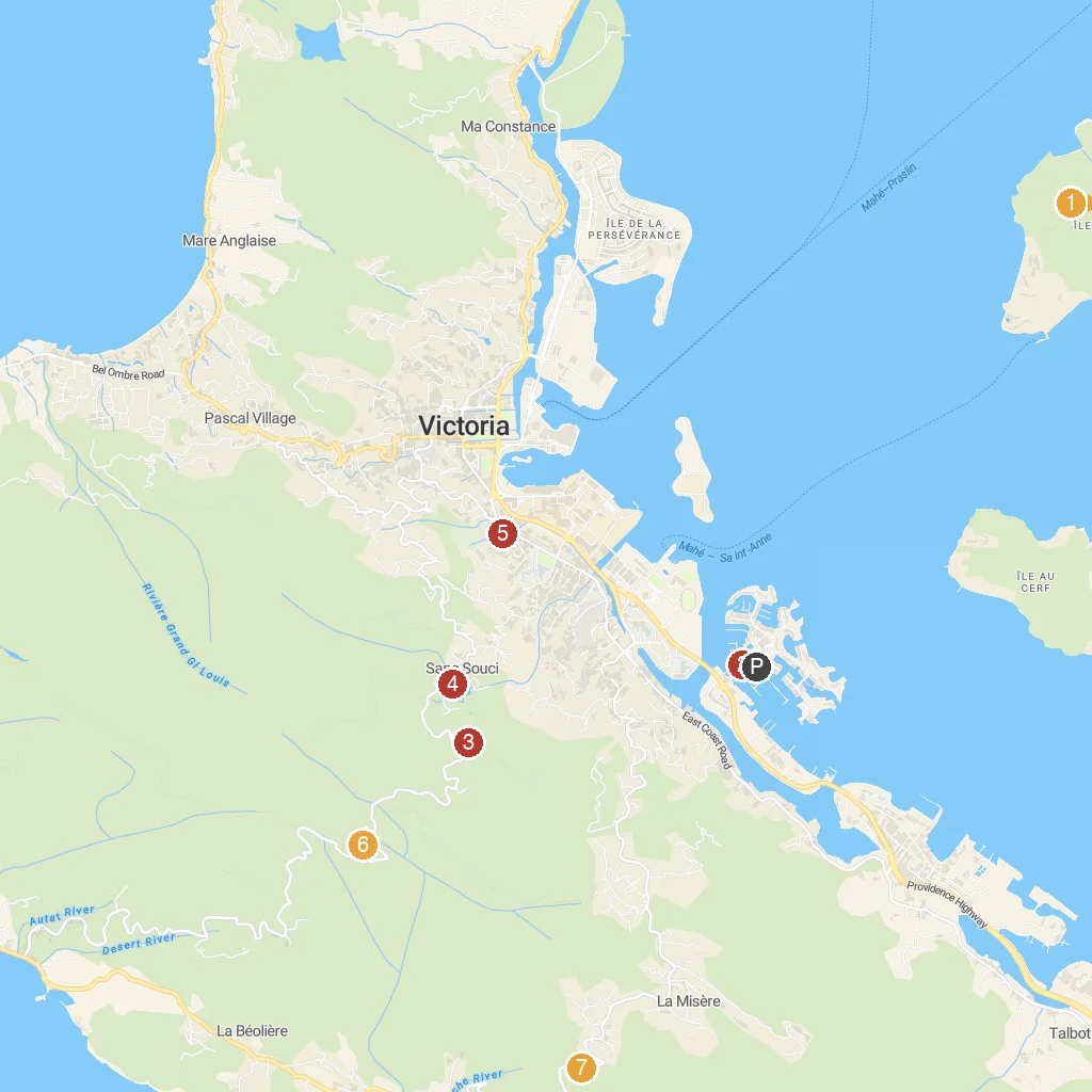 Eden Island, Mahé, Seychelles map with numbered points of interest