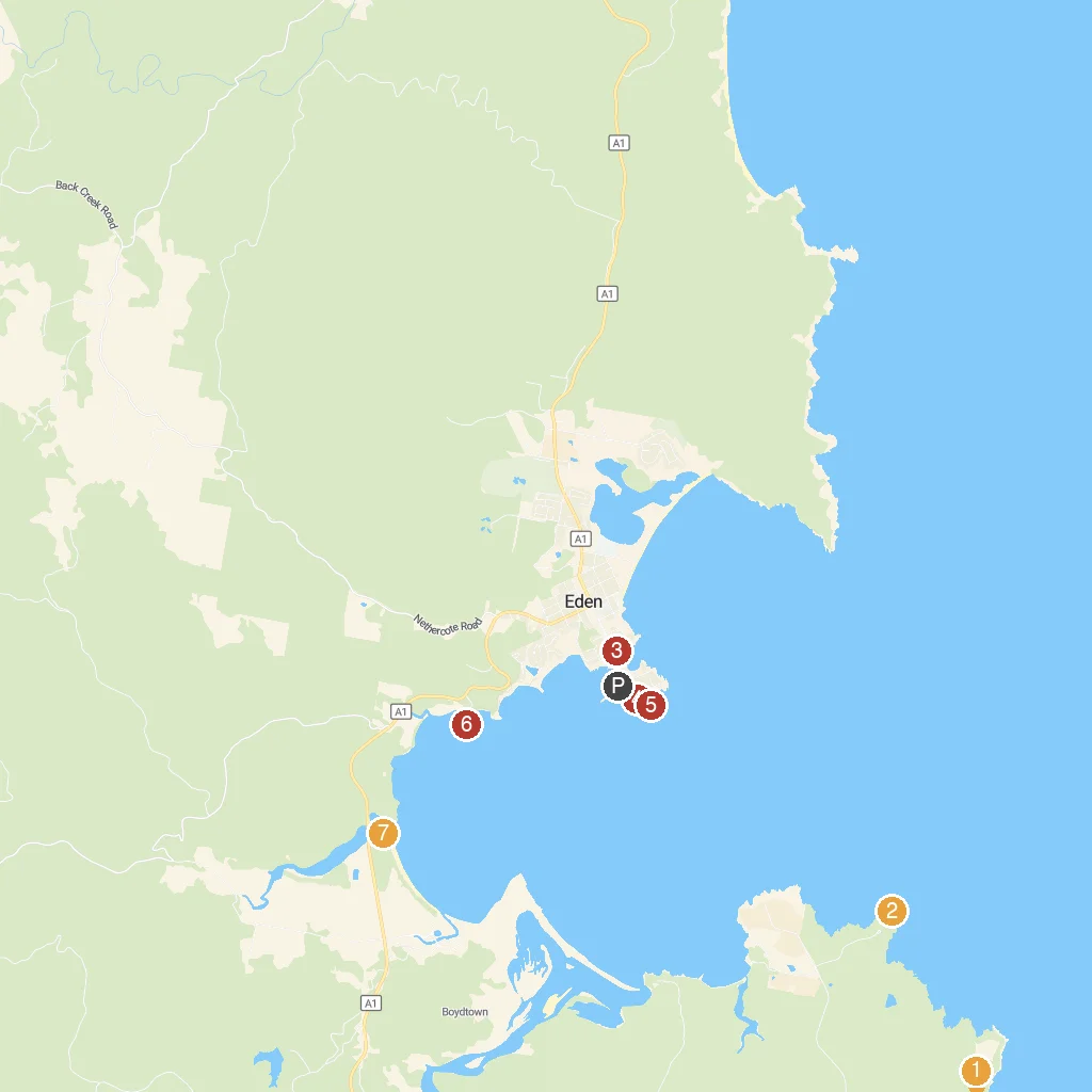 Eden, New South Wales, Australia map with numbered points of interest