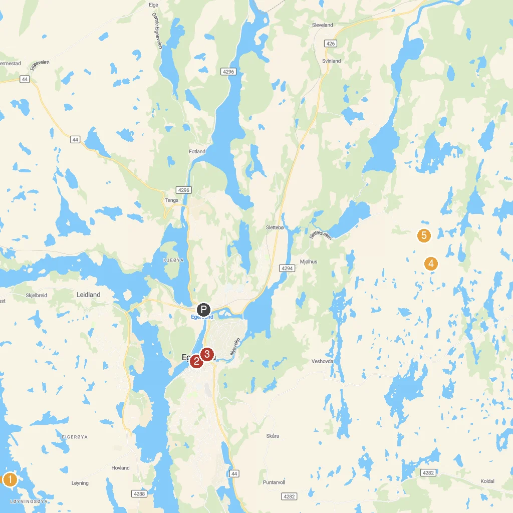 Egersund, Rogaland, Norway map with numbered points of interest