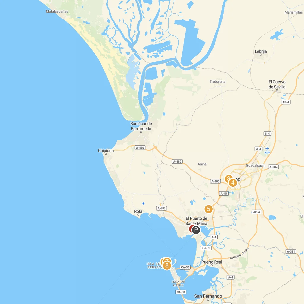 El Puerto de Santa María, Andalusia, Spain map with numbered points of interest