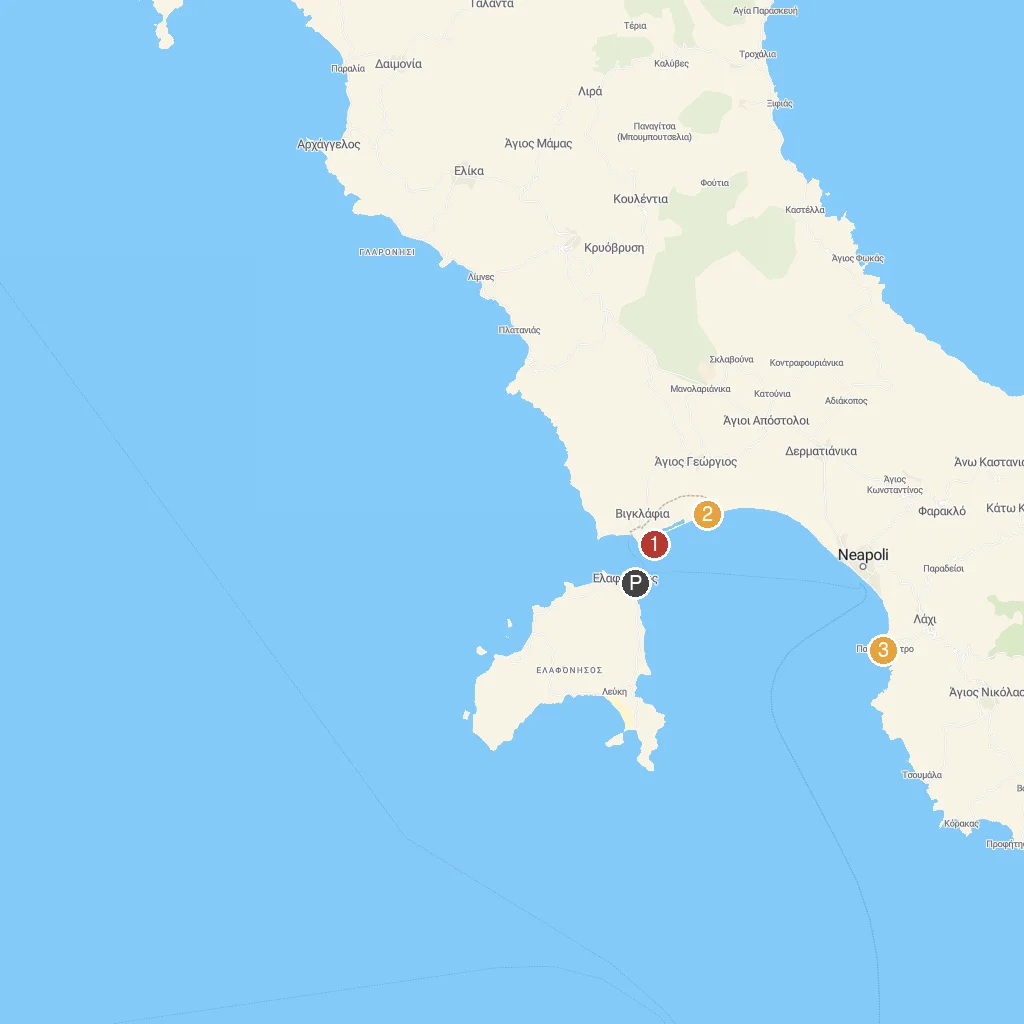 Elafonisos Island, Lakonia, Greece map with numbered points of interest