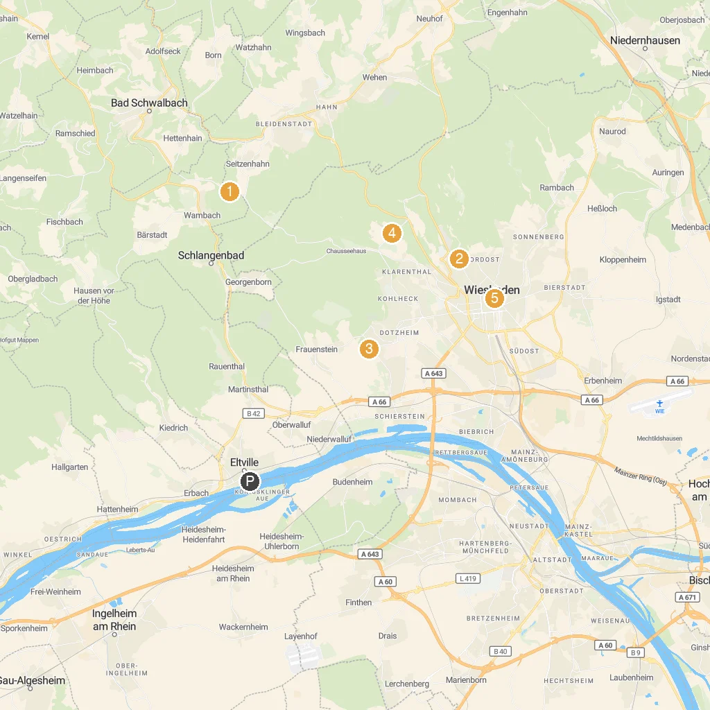 Eltville am Rhein, Rheingau, Germany map with numbered points of interest