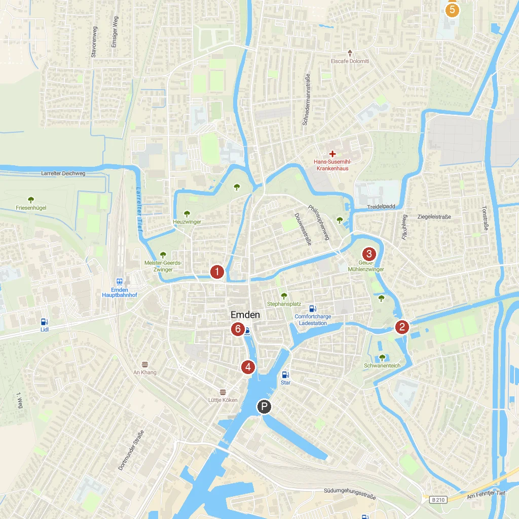Emden, Lower Saxony, Germany map with numbered points of interest