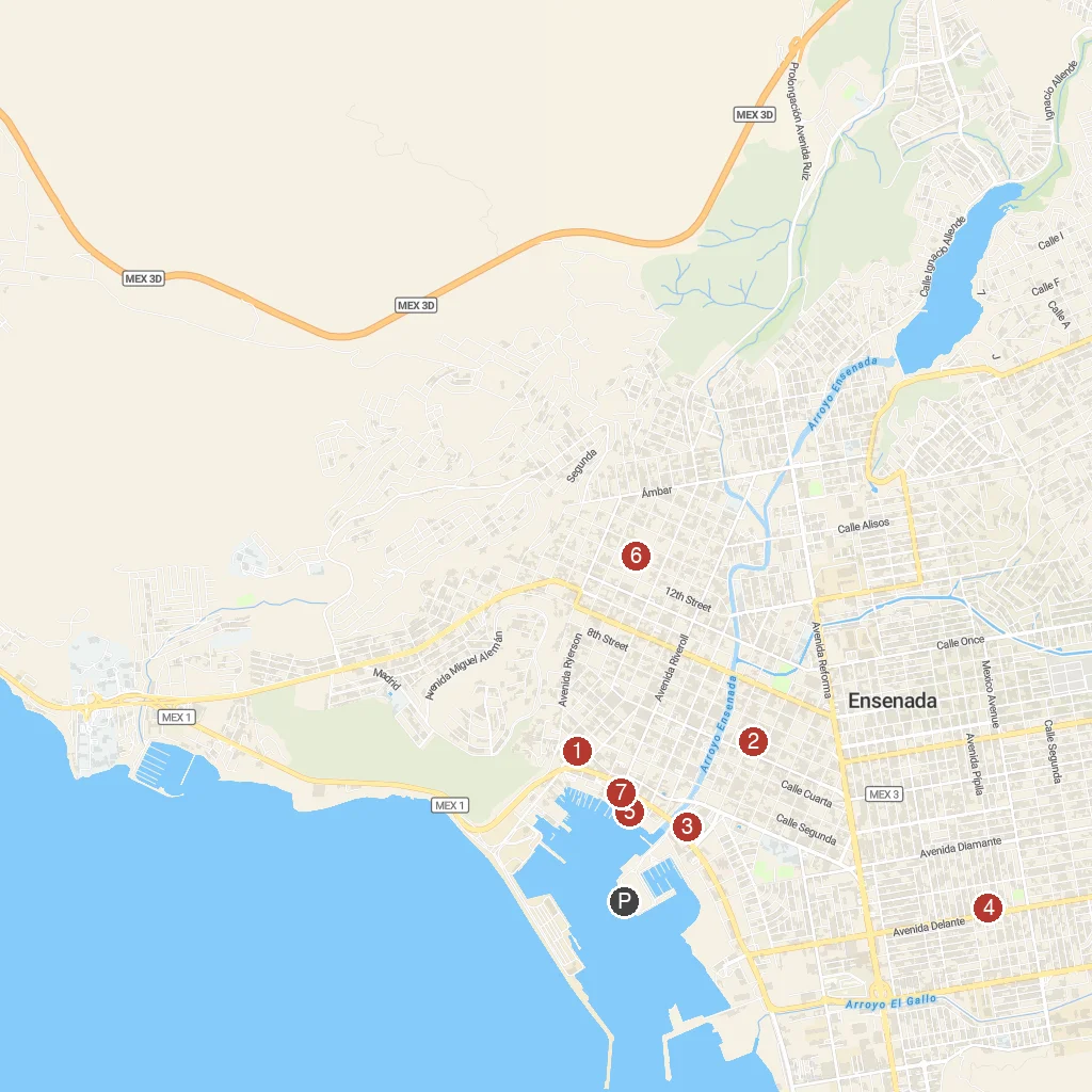 Ensenada, Baja California, Mexico map with numbered points of interest