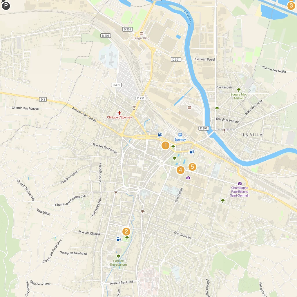 Épernay, Champagne, France map with numbered points of interest
