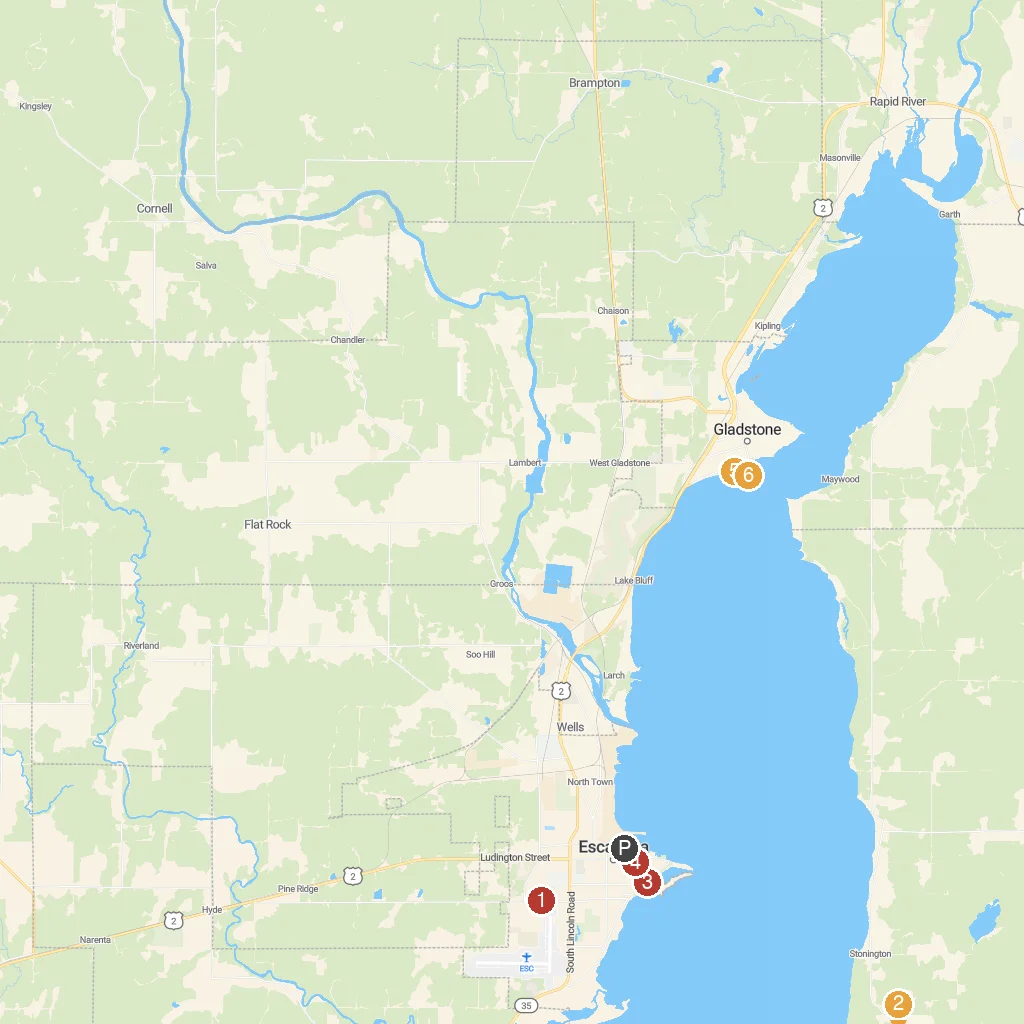 Escanaba, Michigan, USA map with numbered points of interest