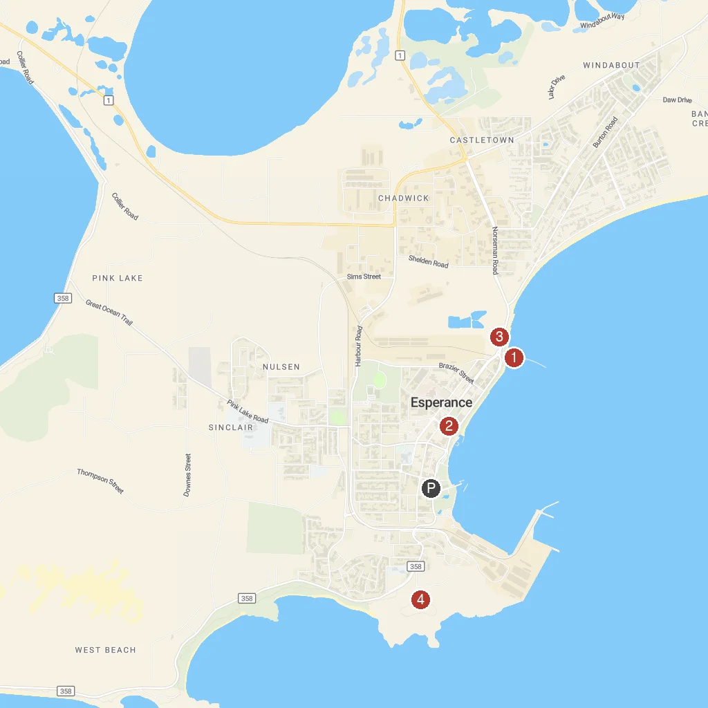 Esperance, Western Australia, Australia map with numbered points of interest