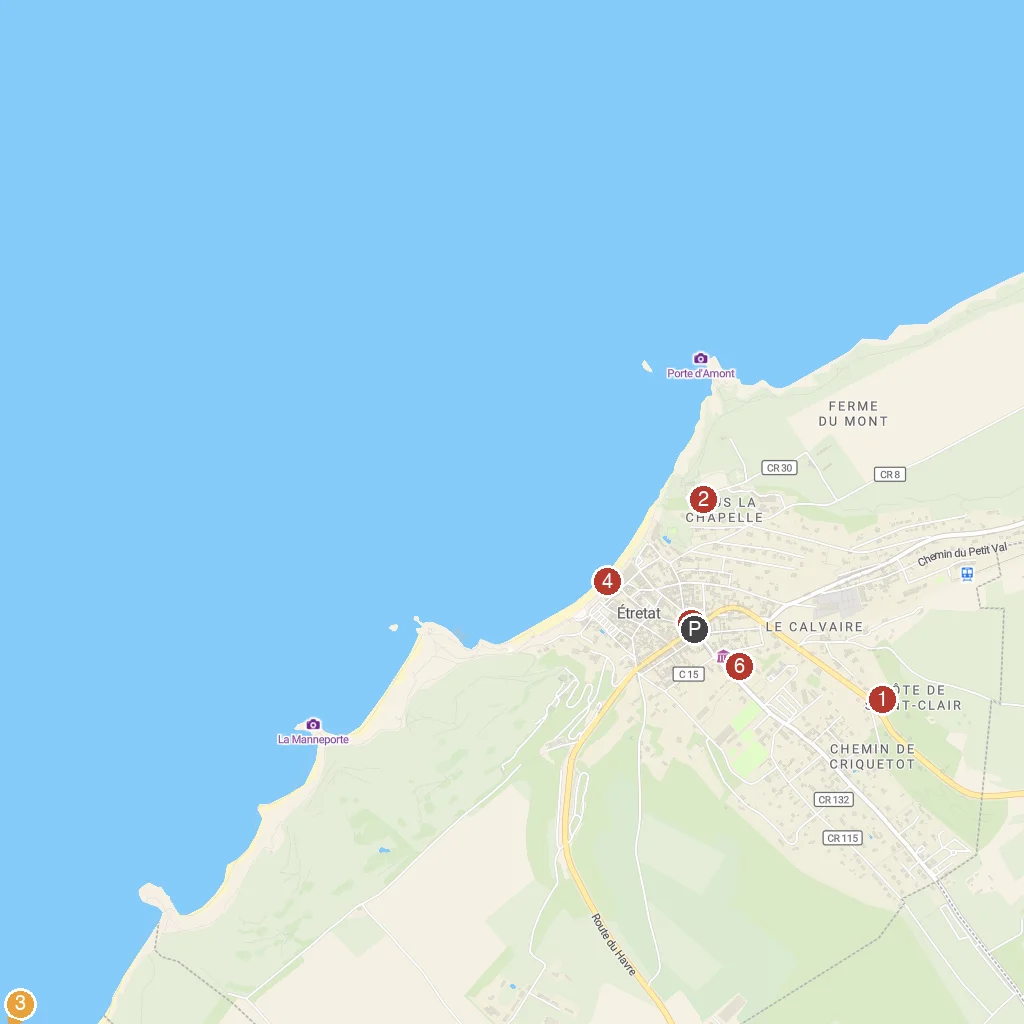 Étretat, Normandy, France map with numbered points of interest