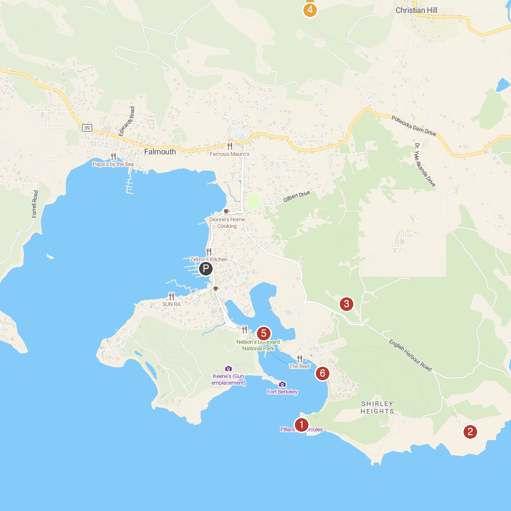 Falmouth Harbour, Antigua, Antigua and Barbuda map with numbered points of interest