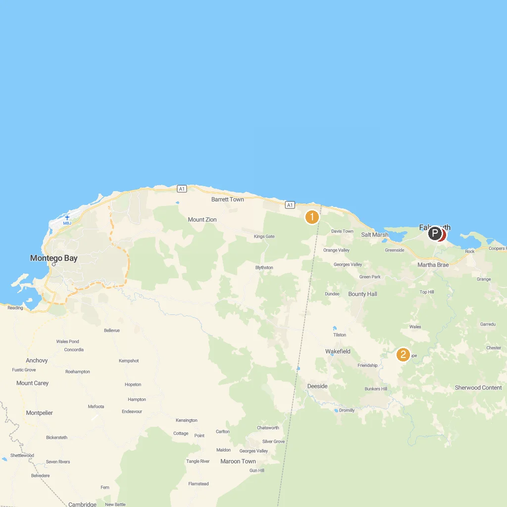Falmouth, Trelawny, Jamaica map with numbered points of interest