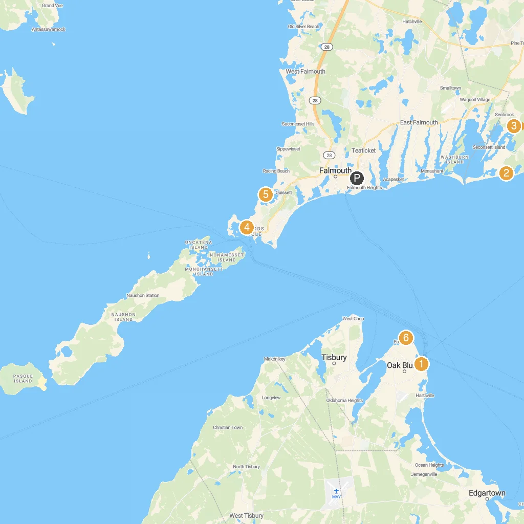 Falmouth, Massachusetts, USA map with numbered points of interest