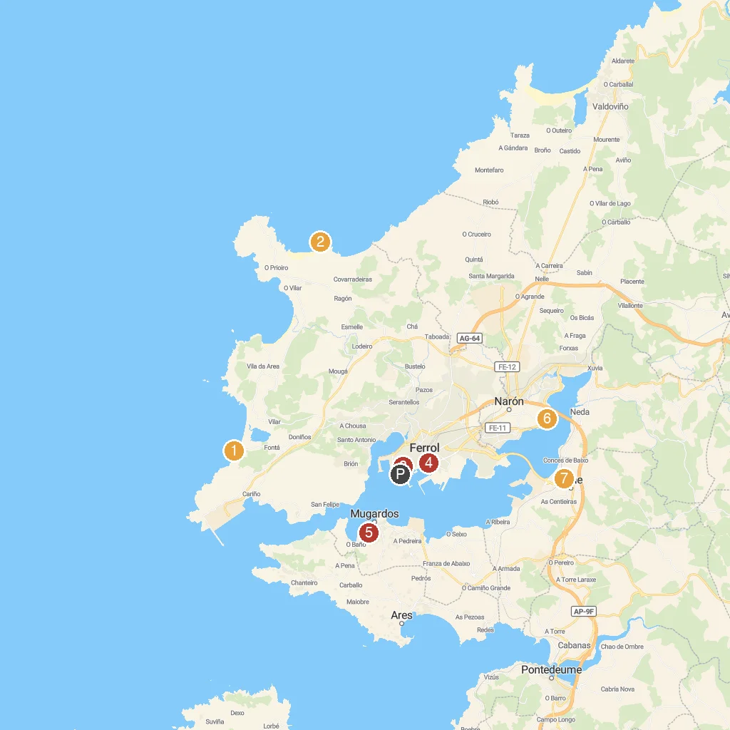 Ferrol, Galicia, Spain map with numbered points of interest