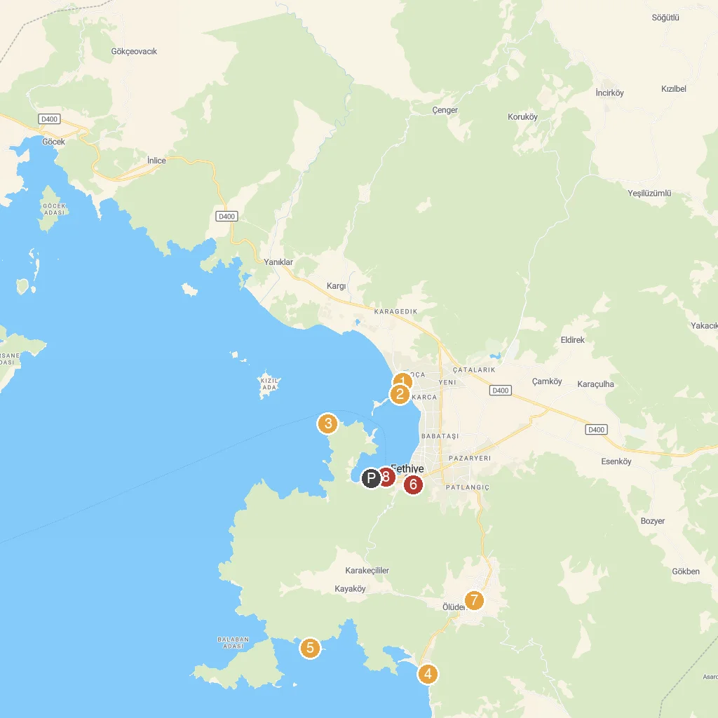 Fethiye, Muğla, Turkey map with numbered points of interest