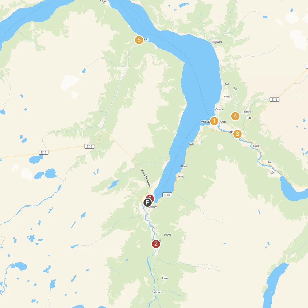 Flåm, Vestland, Norway map with numbered points of interest