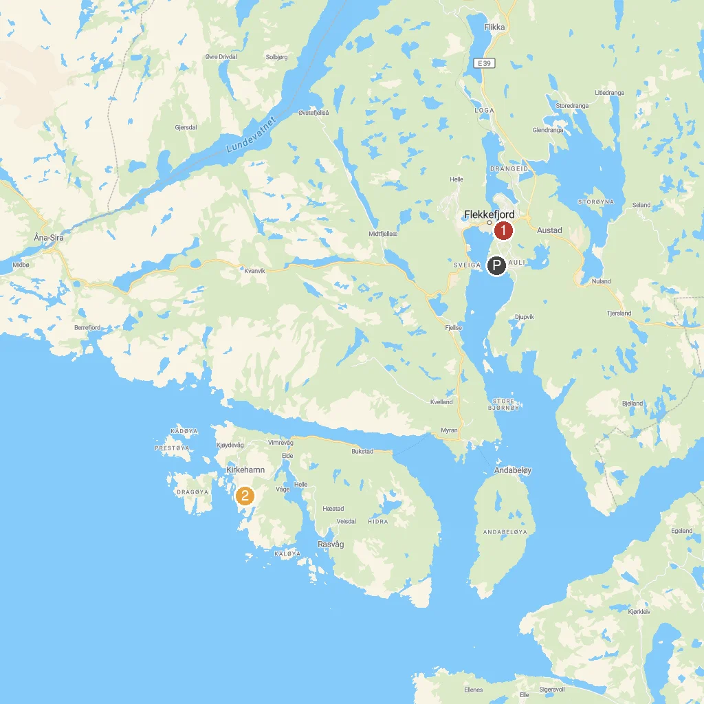 Flekkefjord, Agder, Norway map with numbered points of interest