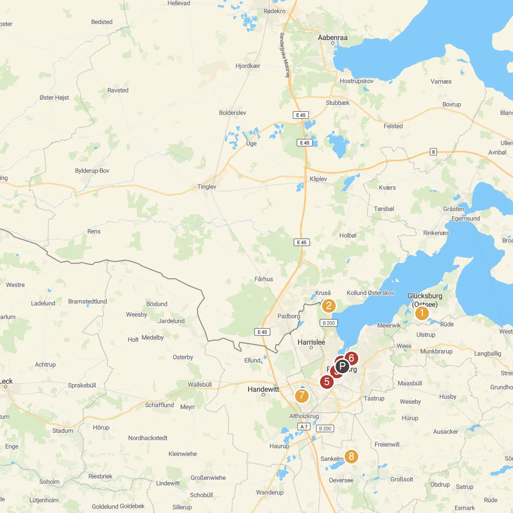 Flensburg, Schleswig-Holstein, Germany map with numbered points of interest
