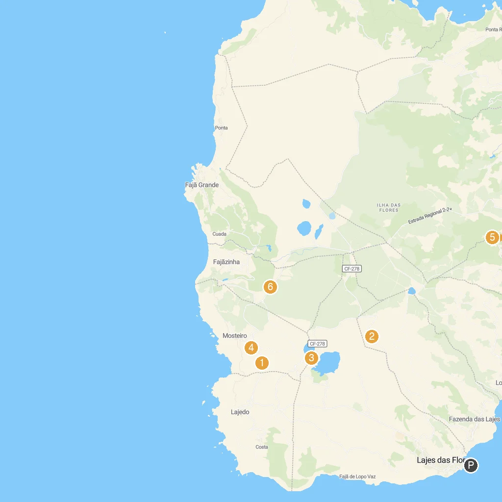 Flores Island, Azores, Portugal map with numbered points of interest
