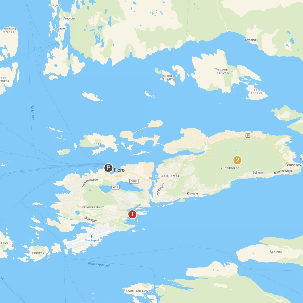 Florø, Sogn og Fjordane, Norway map with numbered points of interest