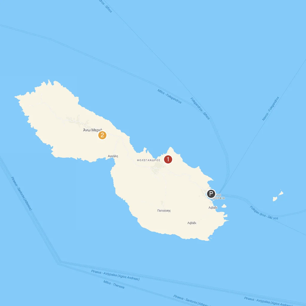 Folegandros Island, Cyclades, Greece map with numbered points of interest