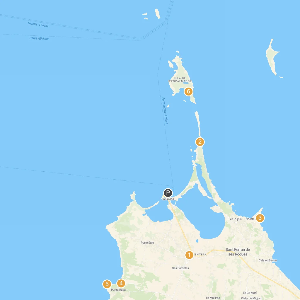 Formentera Island, Balearic Islands, Spain map with numbered points of interest