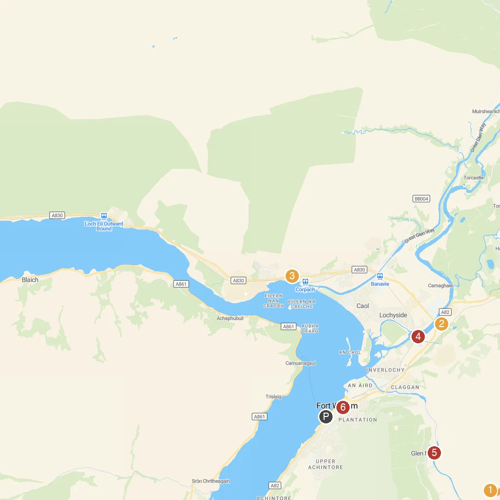 Fort William, Scottish Highlands, Scotland map with numbered points of interest
