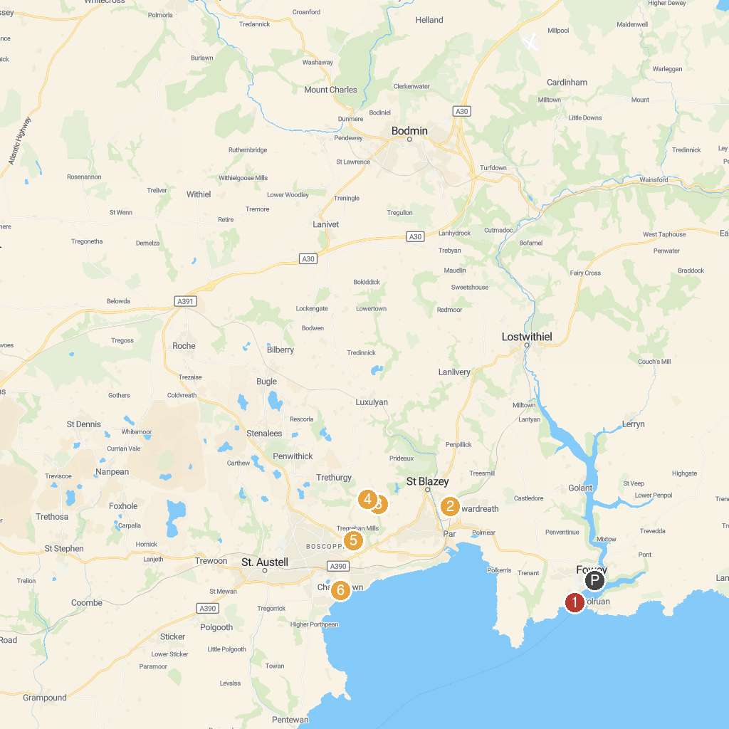 Fowey, Cornwall, England map with numbered points of interest