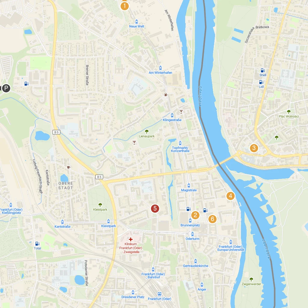 Frankfurt an der Oder, Brandenburg, Germany map with numbered points of interest